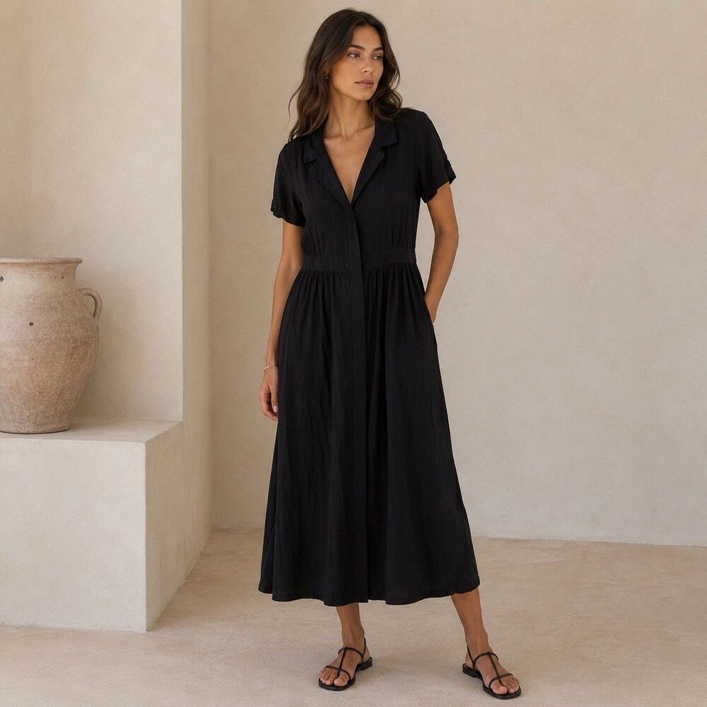Uniqlo Black Midi Dress Button Front Pockets Minimalist Office Career Sz Medium